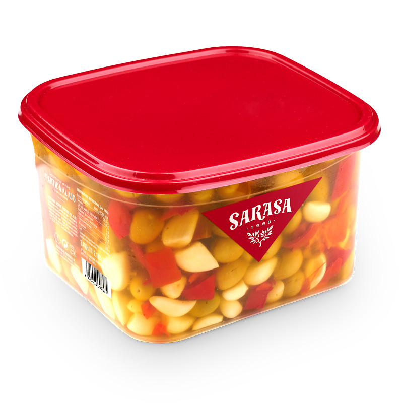 ACEITUNAS VERDES PARTIDAS AL AJO CUBO 4/3,4 Kg (2100 P.N.E)